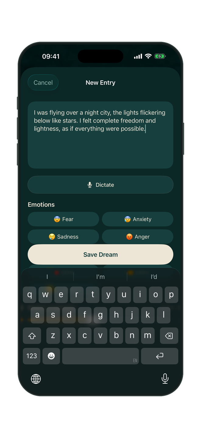 Dream entry screen with text, dictation and emotion choices