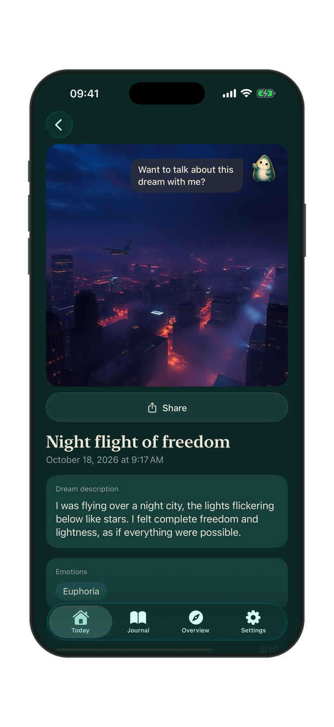 A dream with its illustration, description and invitation to chat with Dreamy